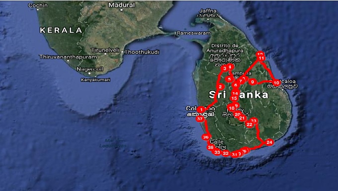 Mapa Sri Lanka recorrido